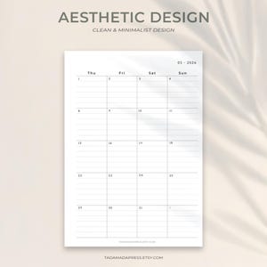 May include: A white minimalist calendar page for January 2026, with a weekly layout, numbered dates, and lined spaces for notes. The text "AESTHETIC DESIGN" and "CLEAN & MINIMALIST DESIGN" are at the top. The website tadamadapress.etsy.com is at the bottom.