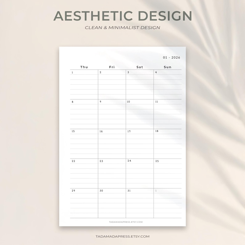 May include: A white minimalist calendar page for January 2026, with a weekly layout, numbered dates, and lined spaces for notes. The text "AESTHETIC DESIGN" and "CLEAN & MINIMALIST DESIGN" are at the top. The website tadamadapress.etsy.com is at the bottom.