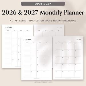 Könnte beinhalten: Eine Sammlung weißer Monatsplanerseiten für 2026 und 2027. Die Seiten zeigen den Monat Januar, mit einem einfachen, minimalistischen Design. Der Text "2026 & 2027 Monthly Planner" steht oben.