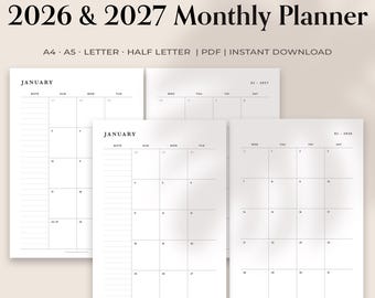 2026 & 2027 Monthly Printable Planner: Minimalist Design (PDF)