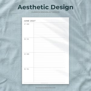 May include: A white paper planner page for June 2027 featuring a weekly layout with horizontal lines for each day from Monday the 27th to Thursday the 30th. The text Aesthetic Design, Clean & Minimalist Design, and Tadamadapress.etsy.com are visible.