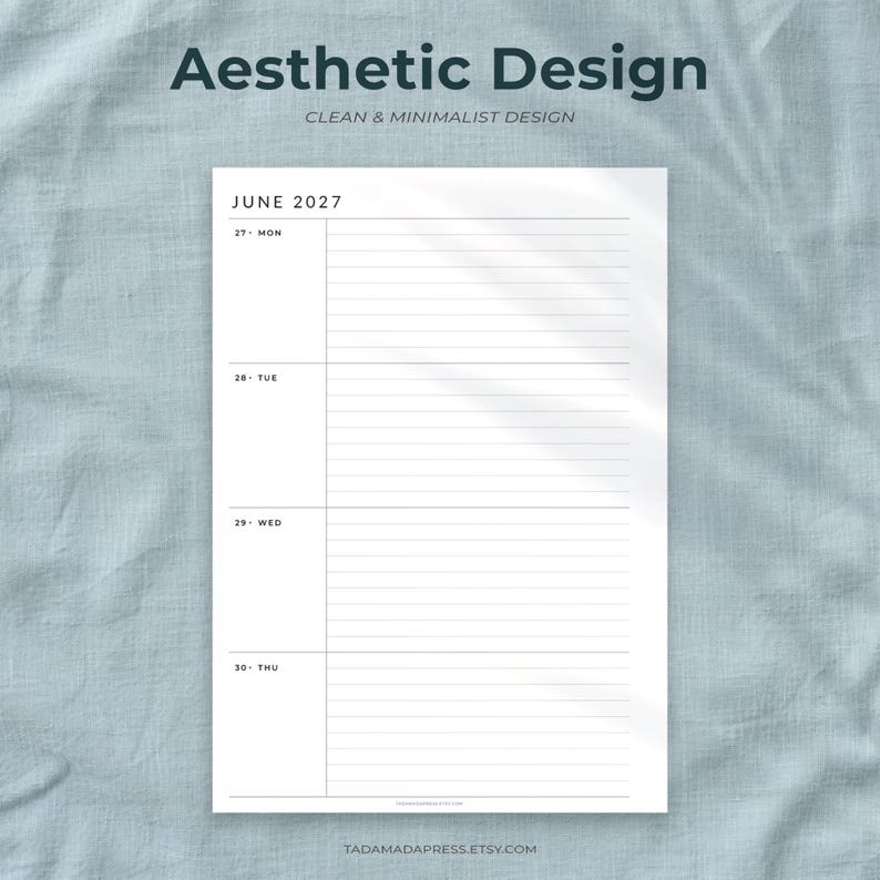 May include: A white paper planner page for June 2027 featuring a weekly layout with horizontal lines for each day from Monday the 27th to Thursday the 30th. The text Aesthetic Design, Clean & Minimalist Design, and Tadamadapress.etsy.com are visible.