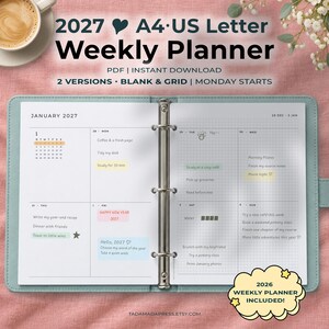 2027 Weekly Planner Printable A4 Letter Monday Start Blank Grid Week On Two Pages PDF