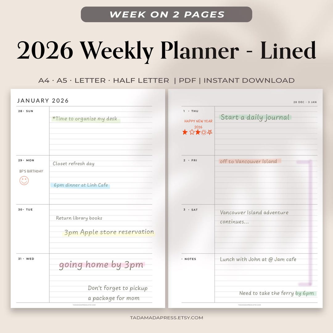 2026 Weekly Planner Printable: Minimalist Lined Layout (A4, A5, Letter ...