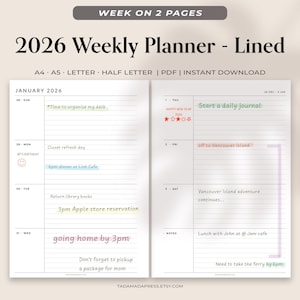 Planner settimanale 2026 stampabile: layout minimalista a righe (A4, A5, lettera, mezza lettera) (PDF)