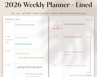 Afdrukbare weekplanner 2026: minimalistische gelinieerde lay-out (A4, A5, Letter, halve letter) (pdf)