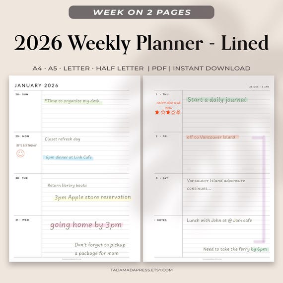 2026 Weekly Planner Printable: Minimalist Lined Layout (A4, A5, Letter, Half Letter) (PDF)