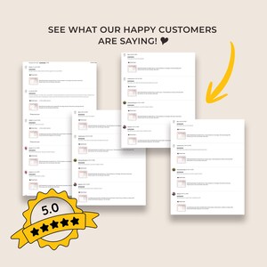 May include: A collection of customer reviews displayed on white rectangular cards with five-star ratings. The text reads SEE WHAT OUR HAPPY CUSTOMERS ARE SAYING! with a black heart icon and a yellow arrow pointing to the reviews.