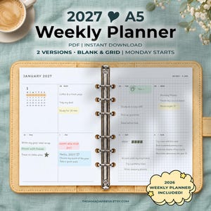 A5 Wochenplaner 2027 zum Ausdrucken, Montag-Start, leeres Raster, Woche auf zwei Seiten (PDF)