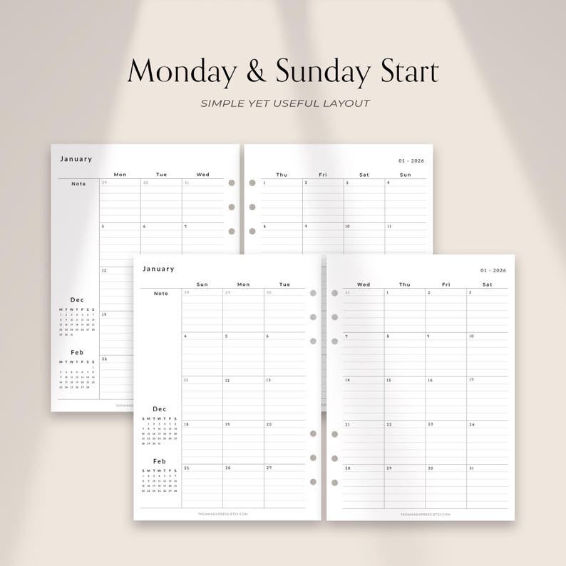 May include: White planner pages with a Monday & Sunday start layout. The pages display a monthly calendar view for January, with space for notes. The text "Monday & Sunday Start" and "Simple Yet Useful Layout" are at the top.