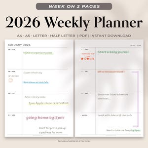 May include: A 2026 weekly planner with a two-page spread. The planner includes space for daily entries, with the month of January displayed. The design features a minimalist layout with text in a modern font, and the text "Week on 2 Pages".