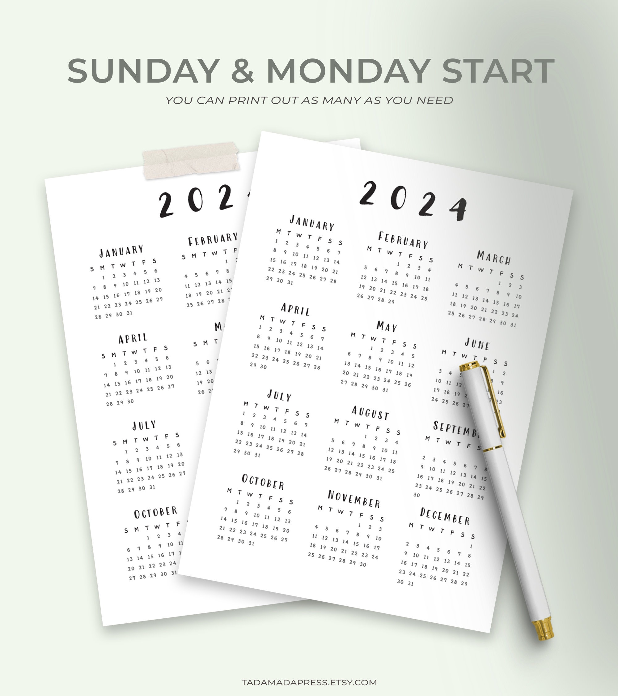 2024, 2025, 2026 Yearly Calendar Printable, Year at a Glance Modern ...