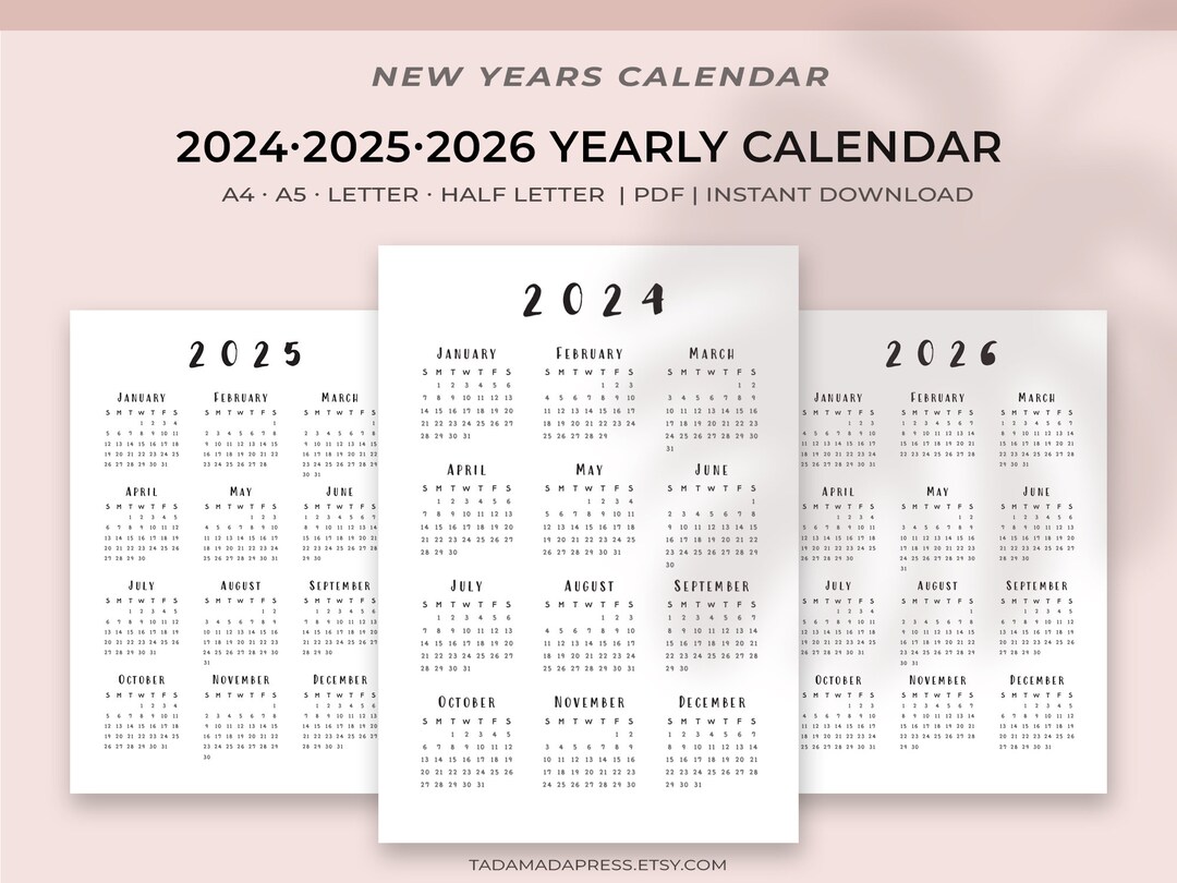 2024, 2025, 2026 Yearly Calendar Printable, Year at a Glance Modern
