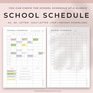 Planificador de horarios escolares imprimible, gráfico de horarios de clases, ubicaciones de un vistazo, nuevo período, inserciones PDF para estudiantes de primer año, A4, A5, carta, media carta