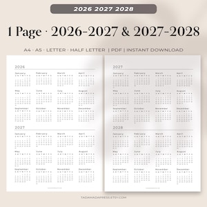 Può includere: Layout di calendario a due pagine per il 2026, 2027 e 2028. Il calendario è un design a una pagina, con i mesi di ogni anno visualizzati in formato griglia. Il testo include "1 Page 2026-2027 & 2027-2028" e "A4 A5 LETTER HALF LETTER | PDF | INSTANT DOWNLOAD".