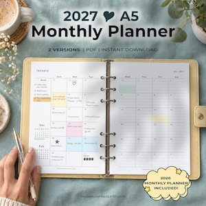 May include: An A5 monthly planner binder with a yellow cover, open to a January 2027 calendar page. The page features a grid layout with handwritten notes, colored blocks, and small icons. Text includes 2027 Monthly Planner, 2 Versions, PDF, Instant Download, and 2026 Monthly Planner Included.