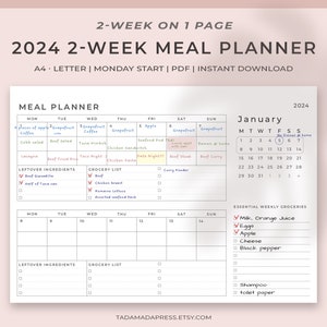 Planejador de refeições de 2 semanas datado de 2024 com lista de compras para impressão, resumo da programação alimentar, organização do menu de refeições em PDF, A4, A5, carta, meia carta