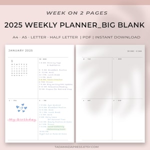 2025 Wide Space Datado Semanal Imprimível Planner, 7 Dias em Duas Páginas, Minimalista Bujo Insert, Layout Simples | A4, A5, Carta EUA, Meia Carta