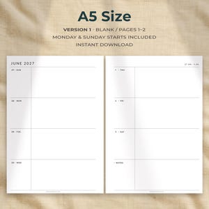 May include: A5 size digital planner pages featuring a weekly layout for June 2027. The text reads A5 Size, VERSION 1, BLANK / PAGES 1-2, MONDAY & SUNDAY STARTS INCLUDED, INSTANT DOWNLOAD, JUNE 2027, 27 SUN, 29 MON, 29 TUE, 30 WED, 1 THU, 2 FRI, 3 SAT, NOTES.