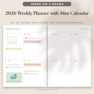 Könnte beinhalten: Ein weißer Wochenplaner 2026 mit Mini-Kalender, der eine Woche auf zwei Seiten anzeigt. Der Planer enthält den Text "WEEK ON 2 PAGES" und "2026 Weekly Planner with Mini Calendar". Er hat Notizen und einen Kalender für Januar 2026.