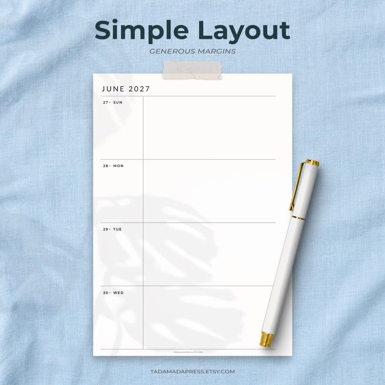 May include: A white paper planner page for June 2027 with a simple layout and generous margins, featuring horizontal lines for daily entries. A white pen with gold accents rests on the right side of the page. The text reads Simple Layout.