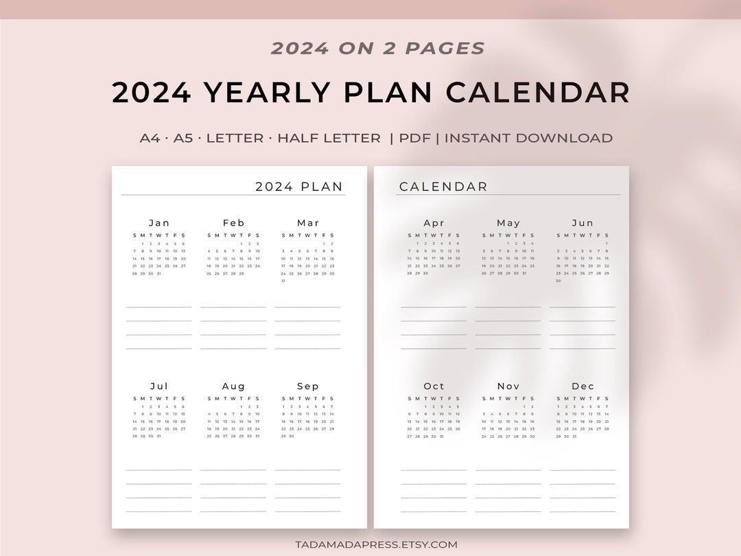 2024 Yearly Plan Calendar Printable, Overview on 2 Pages Printable Log ...
