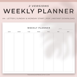 Peut inclure: Un modèle d'organisateur hebdomadaire imprimable avec un design simple. L'organisateur comporte des espaces pour chaque jour de la semaine, du dimanche au samedi. Le texte "WEEKLY PLANNER" est en haut de la page.