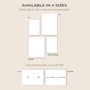 May include: A graphic displaying white paper sheets in A5, A4, Letter, and Half Letter sizes. The text reads "AVAILABLE IN 4 SIZES" and "PRINTABLE PDF | INSTANT DOWNLOAD". Two sheets are shown on A4 and Letter sizes.