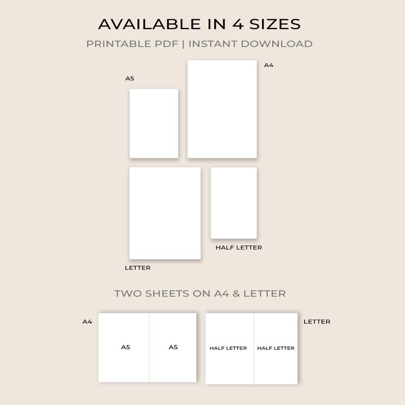 May include: A graphic displaying white paper sheets in A5, A4, Letter, and Half Letter sizes. The text reads "AVAILABLE IN 4 SIZES" and "PRINTABLE PDF | INSTANT DOWNLOAD". Two sheets are shown on A4 and Letter sizes.