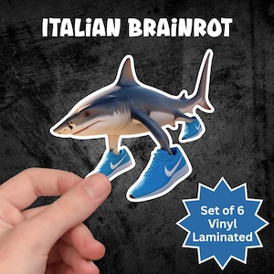 May include: A set of six vinyl laminated stickers. The stickers feature a shark with blue sneakers and the text "ITALIAN BRAINROT". The stickers are on a textured black background.