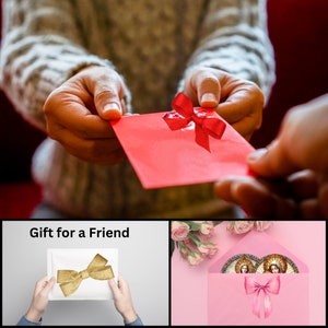 K&ouml;nnte beinhalten: Ein roter Umschlag mit einer goldenen Schleife wird als Geschenk &uuml;berreicht. Der Text "Gift for a Friend" ist auf dem Bild zu sehen.