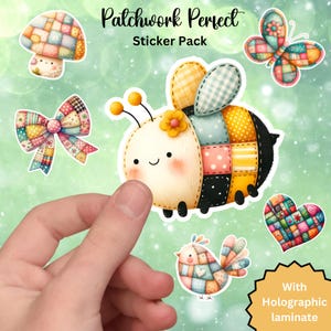 May include: A set of colourful patchwork-style stickers featuring a bee, butterfly, mushroom, bird, bow, and heart. The stickers have a holographic laminate finish. "Patchwork Perfect Sticker Pack" is written at the top of the image.