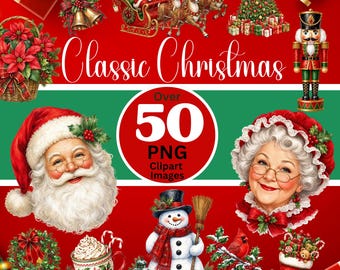 Könnte beinhalten: Eine digitale Sammlung von Weihnachts-Clipart-Bildern mit dem Weihnachtsmann, Frau Weihnachtsmann, einem Schneemann, einem Nussknacker, einem geschmückten Baum, einem Schlitten mit Rentieren und einem Strumpf. Der Text lautet Classic Christmas und Over 50 PNG Clipart Images.