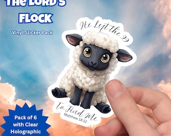 May include: A pack of 6 vinyl stickers featuring a cartoon lamb with the text "He Left the 99 To Find Me" and the Bible verse "Matthew 18:12". The stickers have a clear holographic laminate.