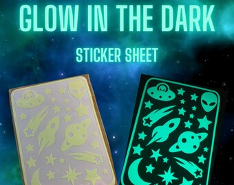 Glow in the Dark Space Stickers, Alien, Planets (5x7in Sheet)