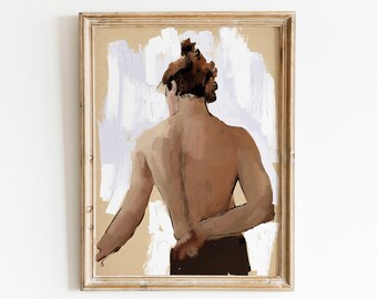 Sketch Figure of a Man Posing from the Back, Stylized Sketch Figure of a Man Shirtless,Vintage Sketch Painting, Figurative Art