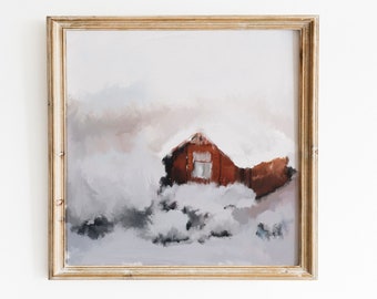 Vintage Red Barn Home Decor,Falling Snow Farmhouse Digital Print,Winter Oil Art,Snowy Winter Print,Rustic Winter Oil Painting,Winter Art