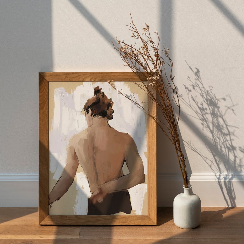 Sketch Figure of a Man Posing from the Back, Stylized Sketch Figure of a Man Shirtless,Vintage Sketch Painting, Figurative Art image 10