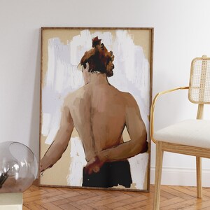 Sketch Figure of a Man Posing from the Back, Stylized Sketch Figure of a Man Shirtless,Vintage Sketch Painting, Figurative Art image 3