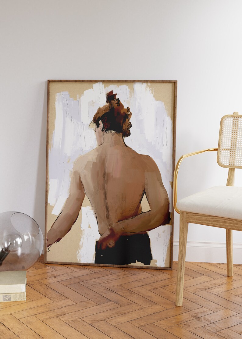 Sketch Figure of a Man Posing from the Back, Stylized Sketch Figure of a Man Shirtless,Vintage Sketch Painting, Figurative Art image 3