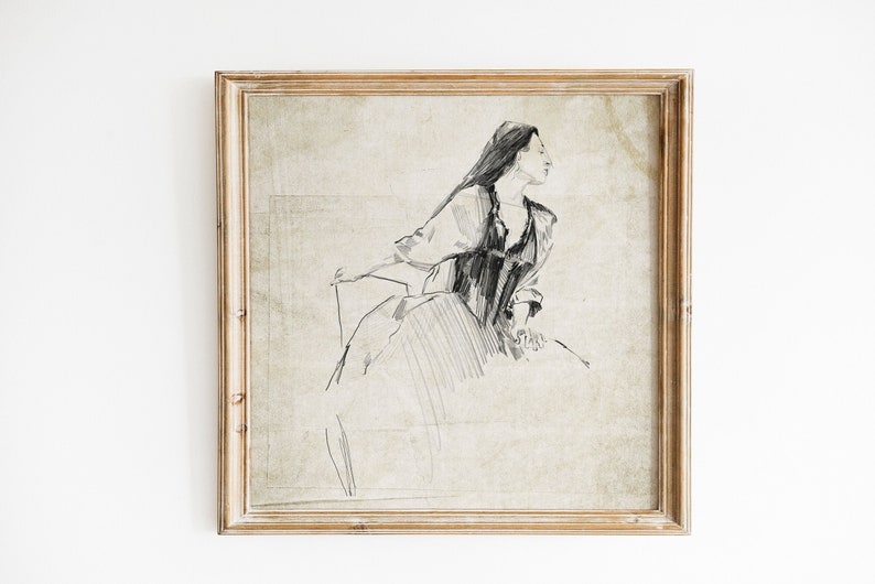 Vintage Woman Sketch Art, Charcoal Drawing of a Woman Figurative Art, Antique Woman Sketch Art, Minimalist Neutral Sketch Study, Sketch Art image 1