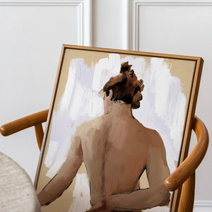Sketch Figure of a Man Posing from the Back, Stylized Sketch Figure of a Man Shirtless,Vintage Sketch Painting, Figurative Art image 6
