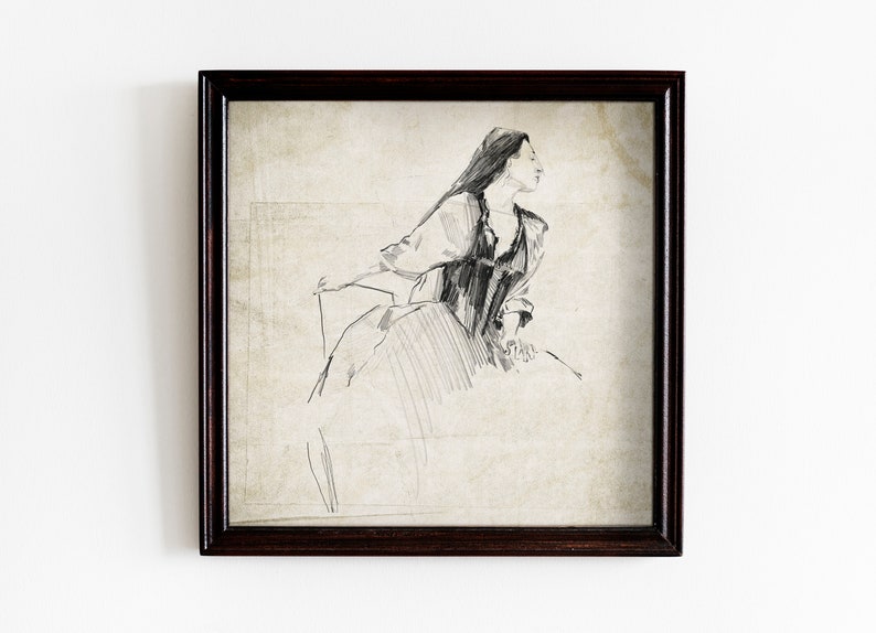 Vintage Woman Sketch Art, Charcoal Drawing of a Woman Figurative Art, Antique Woman Sketch Art, Minimalist Neutral Sketch Study, Sketch Art image 4