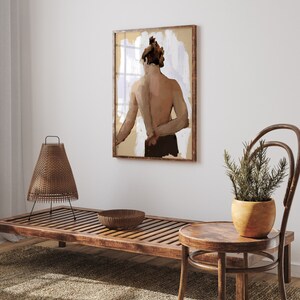 Sketch Figure of a Man Posing from the Back, Stylized Sketch Figure of a Man Shirtless,Vintage Sketch Painting, Figurative Art image 2