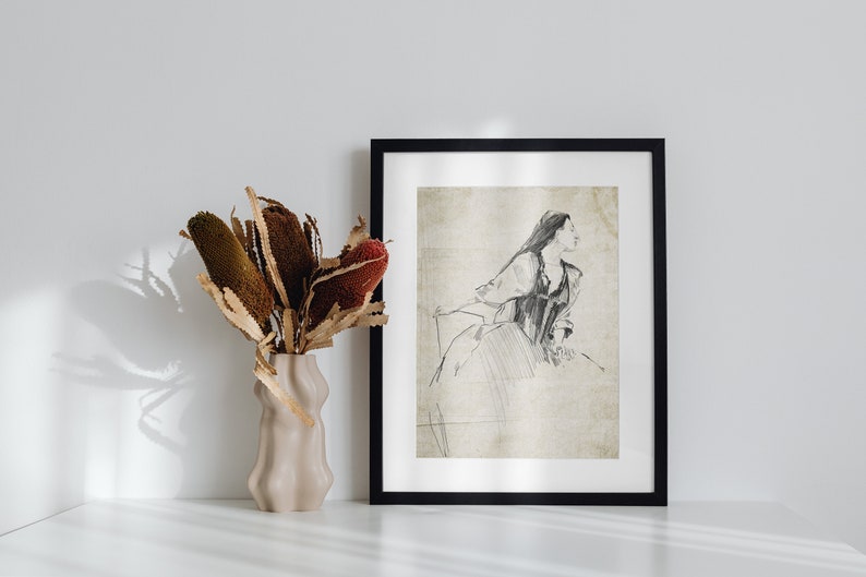 Vintage Woman Sketch Art, Charcoal Drawing of a Woman Figurative Art, Antique Woman Sketch Art, Minimalist Neutral Sketch Study, Sketch Art image 7