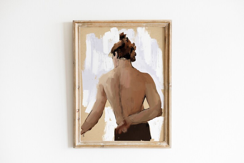 Sketch Figure of a Man Posing from the Back, Stylized Sketch Figure of a Man Shirtless,Vintage Sketch Painting, Figurative Art image 1