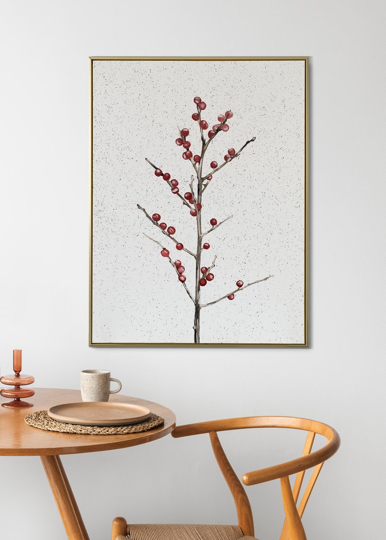 Red Holly Berry Christmas Print,Antique Fall Winter, Neutral Holiday Decor, Botanical Drawing,Minimalist Christmas Wall Art Sketch image 6
