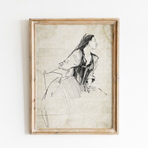 Vintage Woman Sketch Art, Charcoal Drawing of a Woman Figurative Art, Antique Woman Sketch Art, Minimalist Neutral Sketch Study, Sketch Art image 5