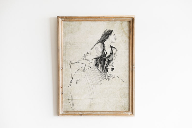 Vintage Woman Sketch Art, Charcoal Drawing of a Woman Figurative Art, Antique Woman Sketch Art, Minimalist Neutral Sketch Study, Sketch Art image 5