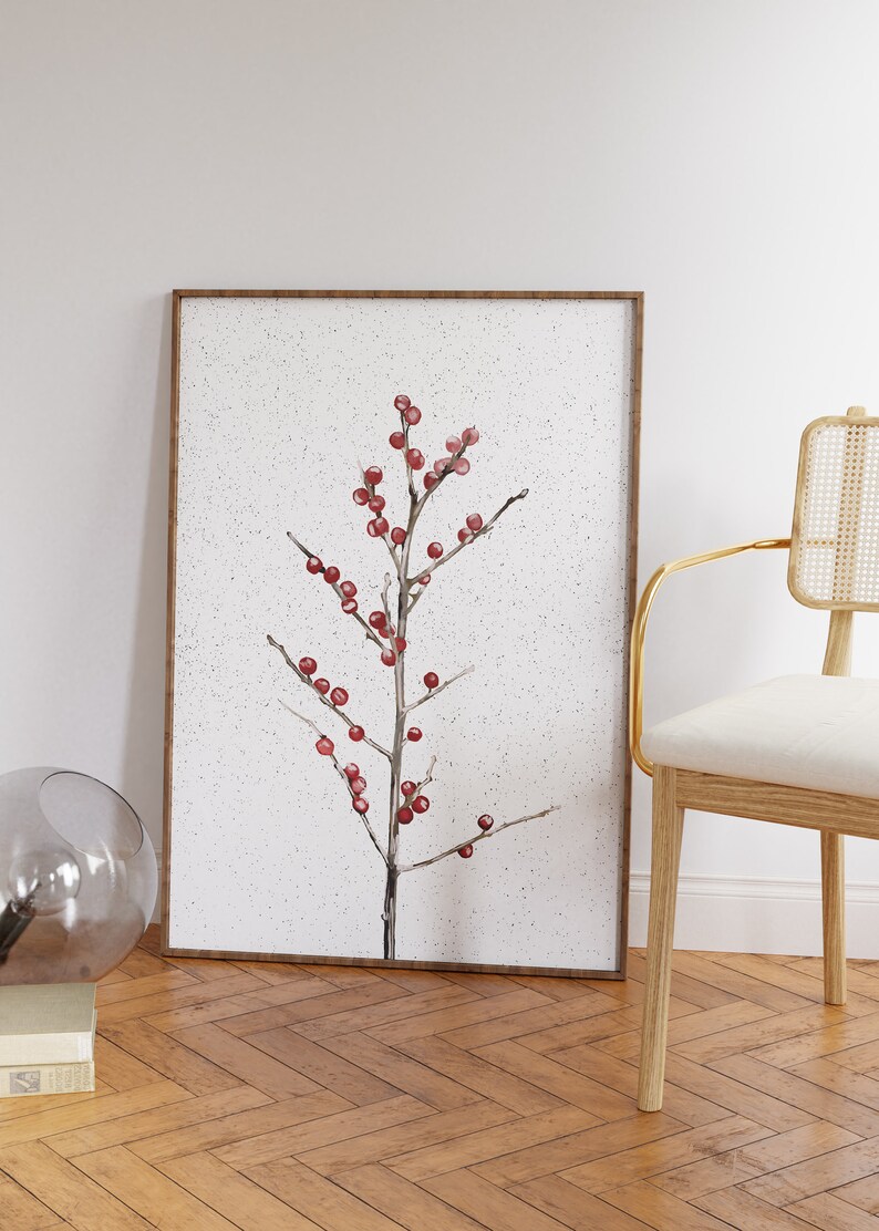 Red Holly Berry Christmas Print,Antique Fall Winter, Neutral Holiday Decor, Botanical Drawing,Minimalist Christmas Wall Art Sketch image 9